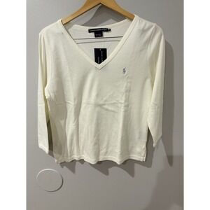 Ralph Lauren Sport White Long Sleeve V-neck with Lt Blue Polo Logo Sz XL‎ U
